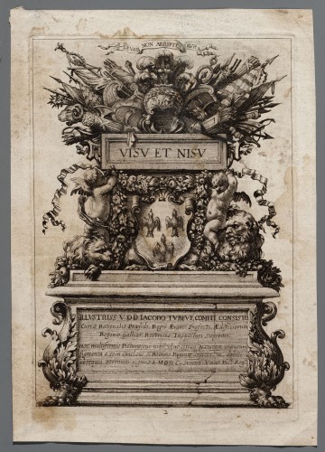 Ornamentprent. Livre de diverses grotesques, peintes dans le Cabinet de la Reine Régente, au Palais Royal. Opdracht.